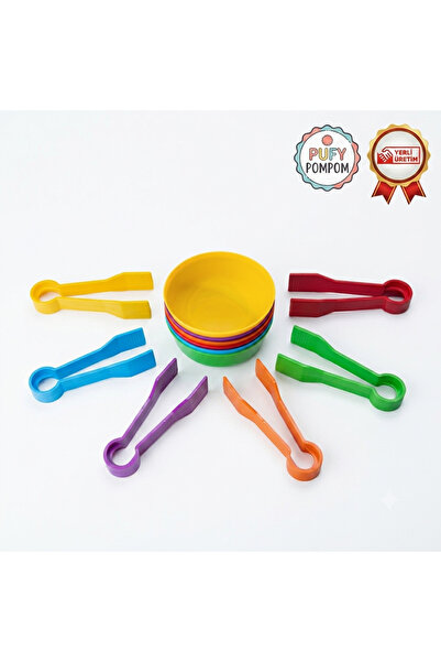 Aktarma Seti - 120 PonPon( her kasenin renginde 20 adet ponpon mevcuttur) Etkinlik Oyuncağı ( 6 Kase 6 Maşa ) Anaokulu Montessori Eğitici Beceri Gelişimi Oyuncak