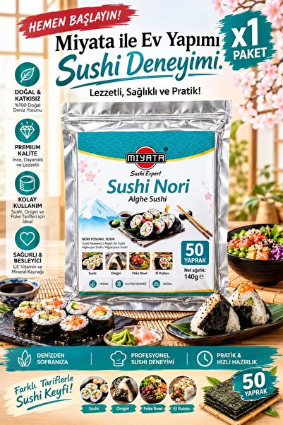 Miyata Sushi Nori 140g (50 Yaprak) Premium Kavrulmuş Deniz Yosunu – Profesyon...
