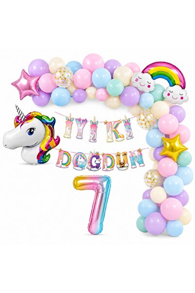 BKMC PARTY Premium Unicorn Doğum Günü Süsleme Seti | Gökkuşağı Balon Zinciri | 1-9 Yaş Rakamlı İyi Ki Doğdun Set Doğum Günü Parti Seti Süsü