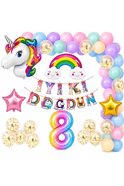 BKMC PARTY Premium Unicorn Doğum Günü Süsleme Seti | Gökkuşağı Balon Zinciri | 1-9 Yaş Rakamlı İyi Ki Doğdun Set Doğum Günü Parti Seti Süsü