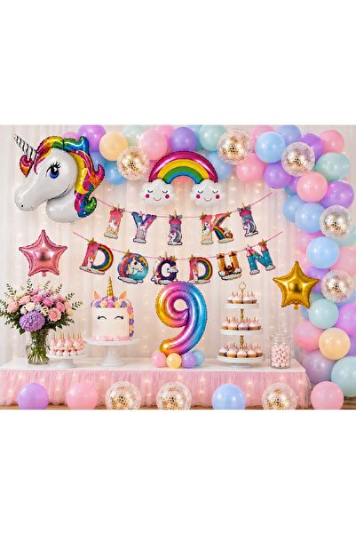 BKMC PARTY Premium Unicorn Doğum Günü Süsleme Seti | Gökkuşağı Balon Zinciri | 1-9 Yaş Rakamlı İyi Ki Doğdun Set Doğum Günü Parti Seti Süsü