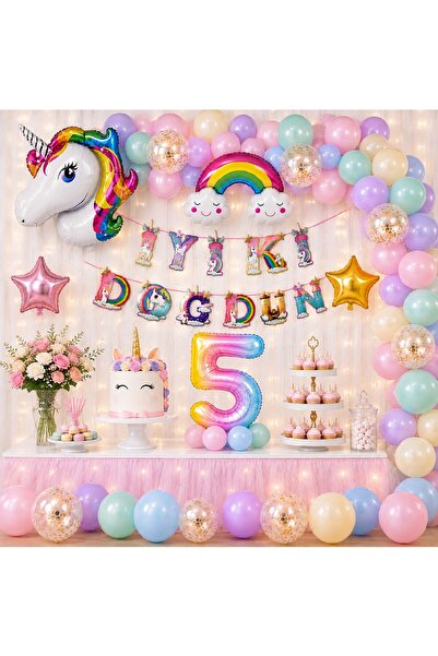 Bkmc Unicorn Doğum Günü Parti Süsleme Seti | 1-9 Yaş Rakamlı Gökkuşağı Balon Seti | İyi Ki Doğdun Dekorasyon Doğum Günü Parti Seti Süsü