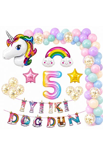 Bkmc Unicorn Doğum Günü Parti Süsleme Seti | 1-9 Yaş Rakamlı Gökkuşağı Balon Seti | İyi Ki Doğdun Dekorasyon Doğum Günü Parti Seti Süsü