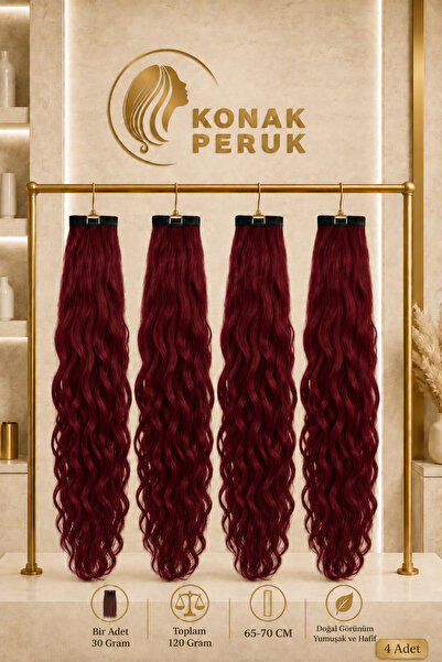 KONAK PERUK Fiber Sentetik Uzun Afro Dalgalı 4 Parça Çıt Çıt - Kızıl