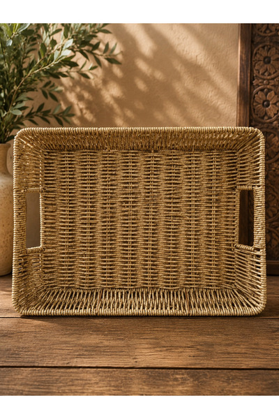 tan organik Natural Wicker Decorative Tray with Handles Rectangular Rattan Pr...