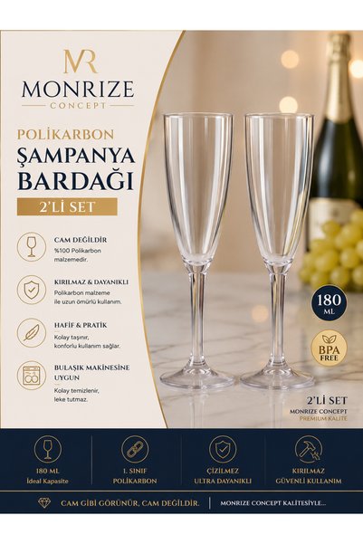 Monrize Concept 2'li 180 ML Polikarbon Şampanya Kadehi Seti | Kırılmaz Çizilmez Cam Görünümlü Şeffaf Kadeh