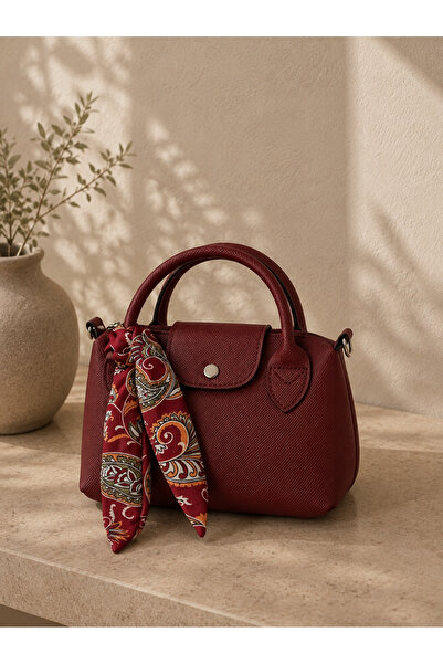 BSB Glow Fular Detaylı Dokulu Askılı Bordo Mini Çanta