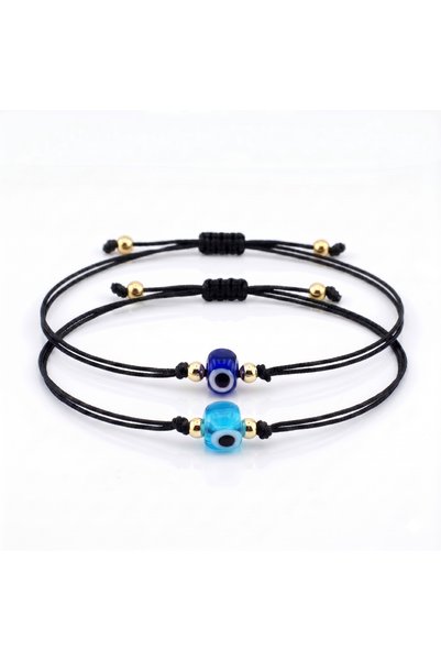 Stanbula Navy Blue and Blue Glass Evil Eye Bead Double Set Adjustable Bracelet Bx0024
