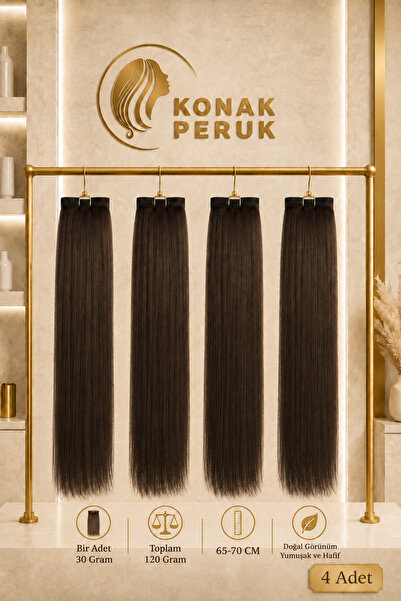 KONAK PERUK Fiber Sentetik Uzun Düz 4 Parça Çıt Çıt - Açık Kahve