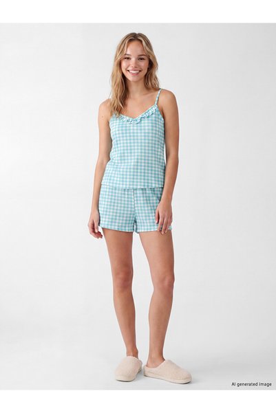 LC Waikiki Peak New Season Blue V-Neck Plaid Women's Shorts Pajama Set
