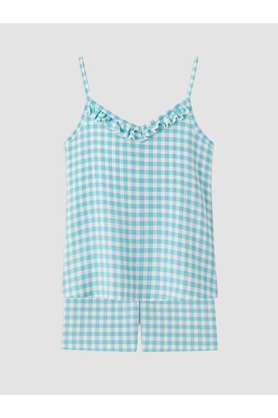 LC Waikiki Peak New Season Blue V-Neck Plaid Women's Shorts Pajama Set