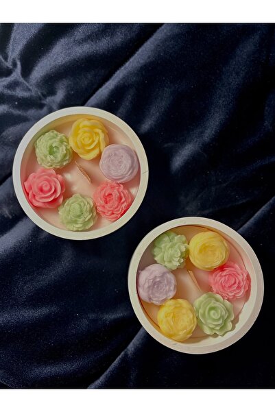 2li Oval Tabak Çiçek Figür Ahşap Fitil Kokulu Mum Set