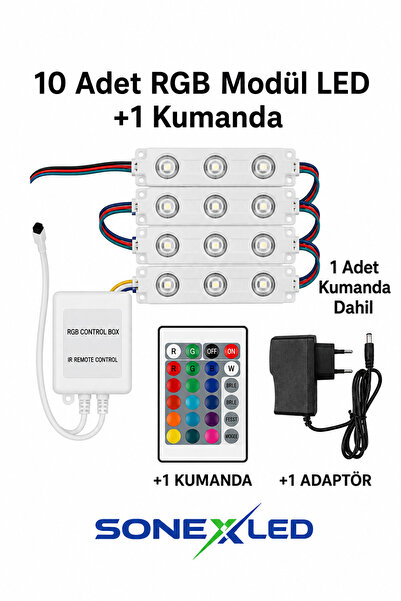 ledalemi RGB 3’lü Modül LED (10 Adet) + Kumanda Seti 12V IR Kontrol