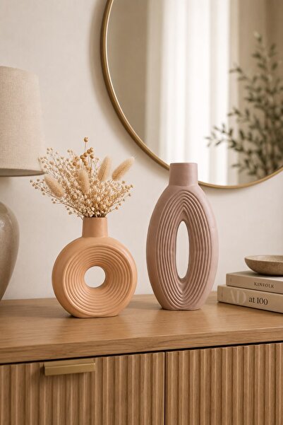 Natura Home Decor İskandinav Taş Dekoratif Vazo Seti – Pudra Beji