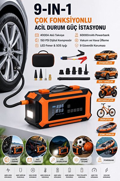 9'u 1 Arada Acil Durum Güç İstasyonu: 4000A Jump Starter, Dijital Lastik Şişirme ve Powerbank Seti