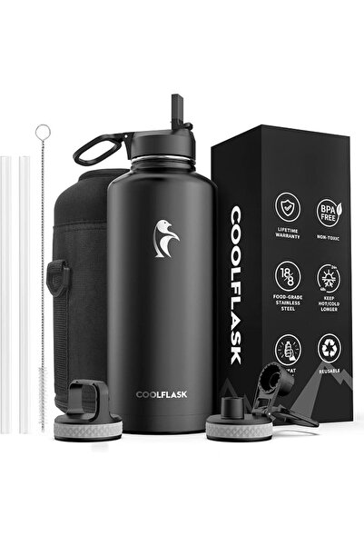 Coolflask زجاجة ماء معزولة مع 3 أغطية، سعة 2.5 لتر، لون أسود سحري