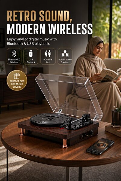 Generic 1 Wood Bluetooth Vinyl Record Player Built In Speakers Usb Rca Line O...