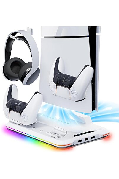 MAKINGTEC حامل ومحطة تبريد لجهاز PS5 Slim مع محطة شحن مزدوجة لوحدات التحكم لج...