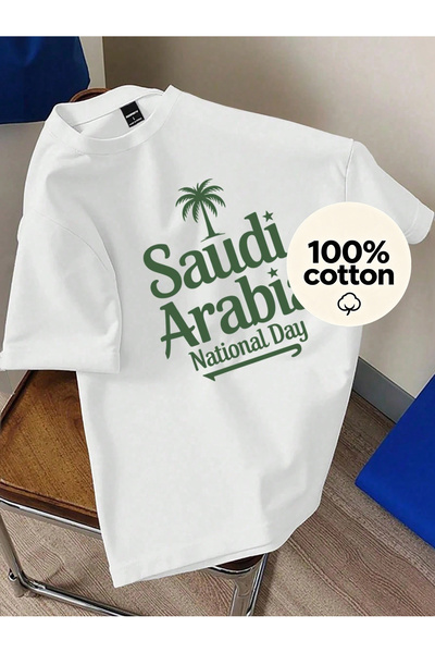 MUZİ Saudi National Day Men and Women's 100% Cotton T-Shirt Printed Round Nec...