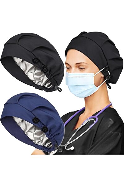 SYOSI 2 Pack Satin Lined Bouffant Scrub Caps with Buttons, Adjustable Breatha...