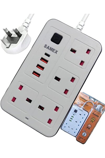Generic شريط طاقة 2500 وات بأربعة منافذ مع 4 منافذ USB وسلك بطول 5 أمتار وحما...
