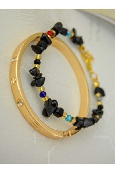 Stoneage Onyx Stone Double Bracelet Set - Gold Color -