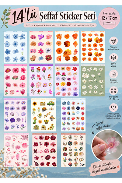 MirayDesign Şeffaf 14'lü Çiçek Temalı 12*17 Cm Sticker Seti/bullet Journal, S...