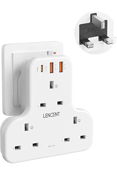LENCENT محول كهربائي ثلاثي المنافذ مع 3 منافذ USB بتقنية PD وQC بقوة 20 واط، ...