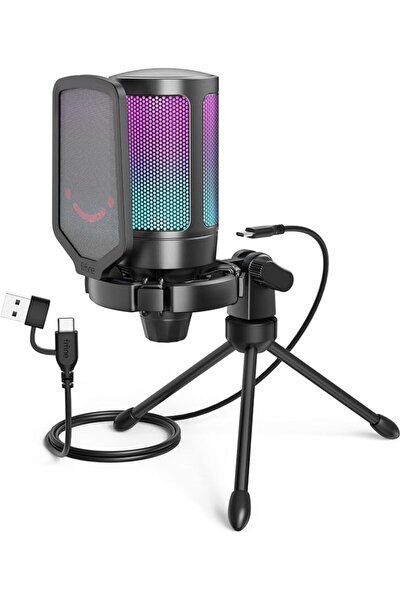 Fifine ميكروفون ألعاب AmpliGame A6V USB، ميكروفون مكثف RGB للبث المباشر