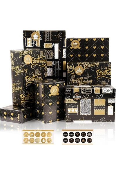 AZONEE Gift Wrapping Paper, 6 Sheets Wrapping Paper with Stickers, Black Gold...