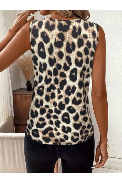 modi Women's Strappy V-Neck Leopard Print Single Jersey Blouse
