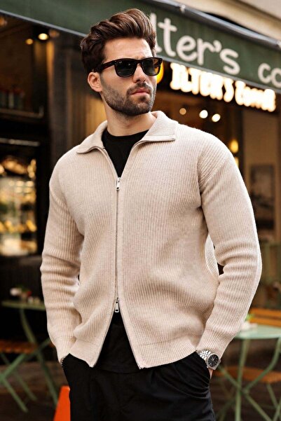 Madmext Stone Double Zipper Knitted Stand Collar Men's Knitwear Cardigan E7521