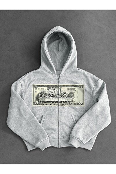 modaberry Gri Jesus Dollar Sweatshirt Fermuarlı Hırka - Baskılı Oversize Cepl...