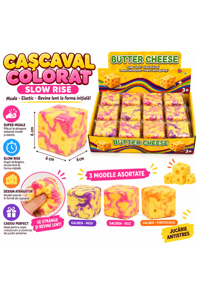 SHOP LIKE A PRO Cașcaval Colorat Squishy Cub, cu revenire lentă, 6 x 6 x 6 cm...