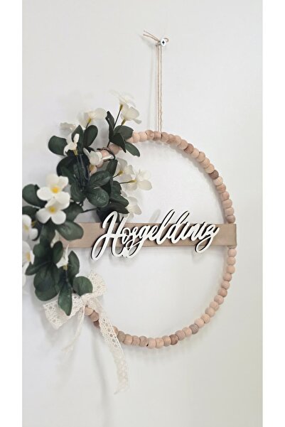 MUJA DEC Ahşap Boncuklu Hoşgeldiniz Yazılı Kapı Süsü 27 cm - Beyaz Çiçekli Ye...