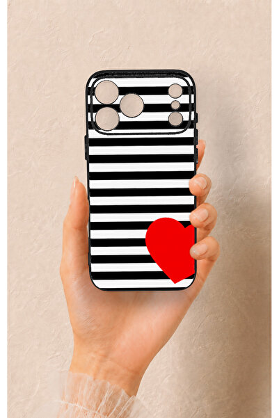 Vip Case iPhone 17 Pro Max Uyumlu Çizgili Kırmızı Kalp Desenli Silikon Kılıf