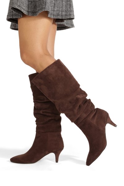 RoseVeno Women's Brown Suede Drawstring Heeled Pointed Boots