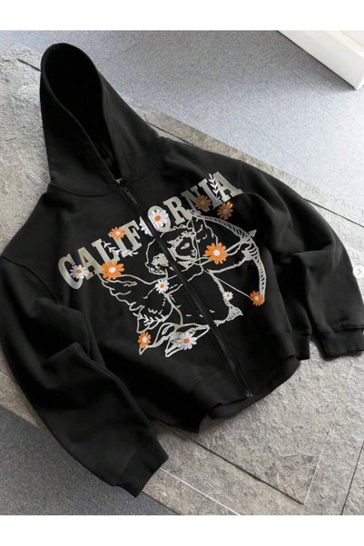 modaberry Black California Angel Sweatshirt Zip-Up Cardigan - Printed Oversiz...