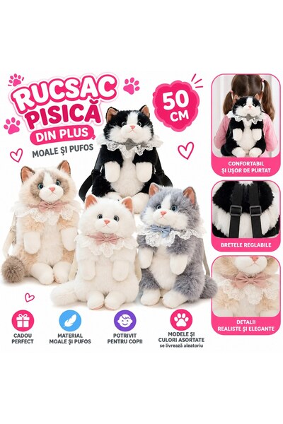 SHOP LIKE A PRO Rucsac Pisică din Plus, 50 cm, Ghiozdan Moale pentru Copii, C...