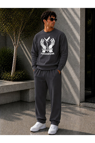 caddekombin Men's Freedom Printed Crew Neck Regular Fit Men's Tracksuit Set /...