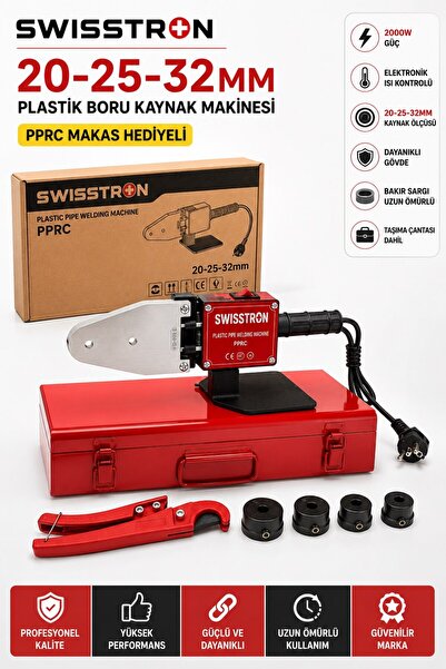 SwissTron 2000W PPRC Plastik Boru Kaynak Makinesi Seti 20-25-32 mm Pafta Isı Ayarlı Metal Çantalı
