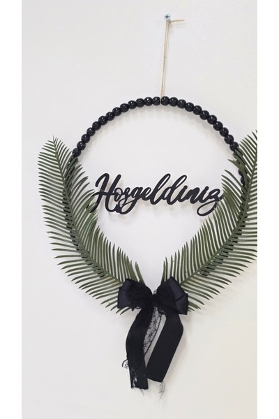 MUJA DEC Siyah Ahşap Boncuklu Hoşgeldiniz Yazılı Kapı Süsü 27 cm - Yeşil Palm...