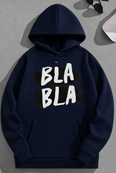 K KOZZ STYLE Unisex 3-κλωνο βαμβακερό μπλουζάκι με στάμπα Blabla σε μπλε ναυτ...