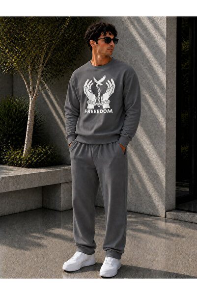 caddekombin Men's Freedom Printed Crew Neck Regular Fit Men's Tracksuit Set /...