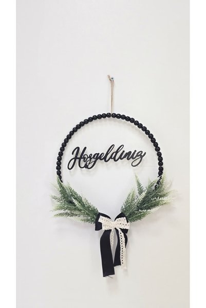 MUJA DEC Siyah Ahşap Boncuklu Hoşgeldiniz Yazılı Kapı Süsü 27 cm - Modern Şık Dantel Fiyonklu El Yapımı Duvar