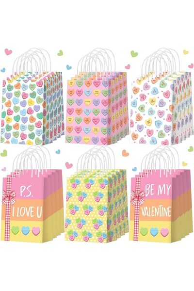 TERRIFI 24 Pieces Heart Pattern Gift Bags for Anniversaries and Parties, Kraf...