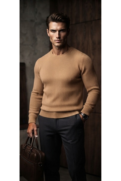 Baran Işık Basic Men's Crew Neck Flexible Soft Textured Casual Knit Sweater