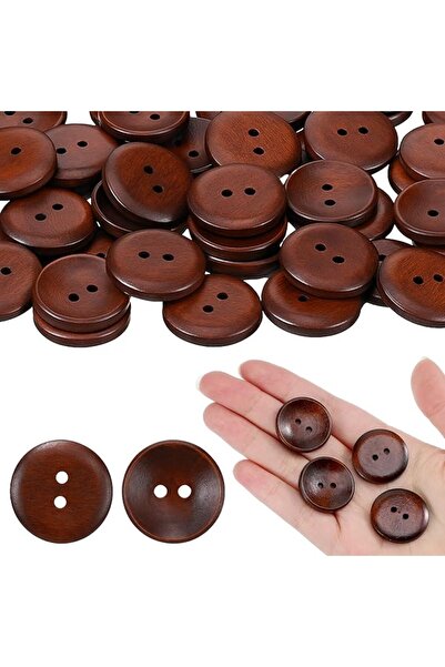 KASTWAVE 50 Pcs 1 Inch Natural Wood Buttons with 2 Holes, 25mm Classic Brown ...