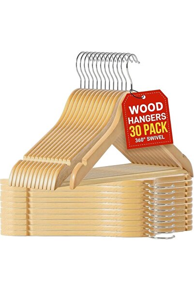GENERAL Tough Long Lasting Solid Maple Wooden Clothes Hangers - Pack of 30 Na...