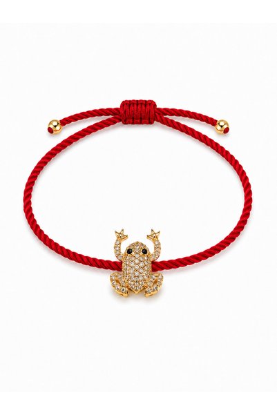 Beatis Red String Zircon Stone Frog Figured Gold Detailed Adjustable Women's Bracelet